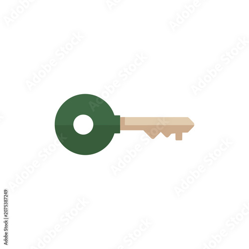 Green key with beige shaft against white background symbolizing access and securityIsolated on white background