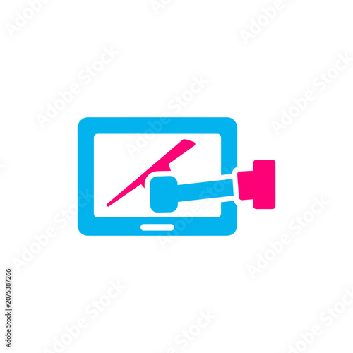 Tablet with stylus and hand icon during digital design work isolated on white background