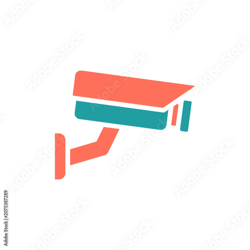 Security camera icon with coral and teal colors on a clean white backgroundsurveillance concept