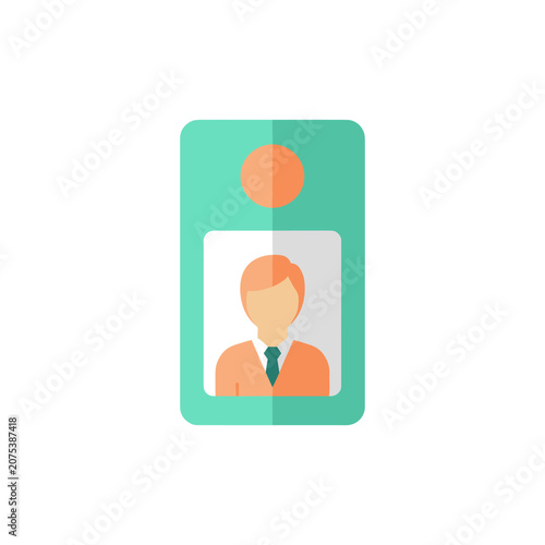 Flat icon of a male employee ID card with photo and lanyard during office access identification isolated on white background