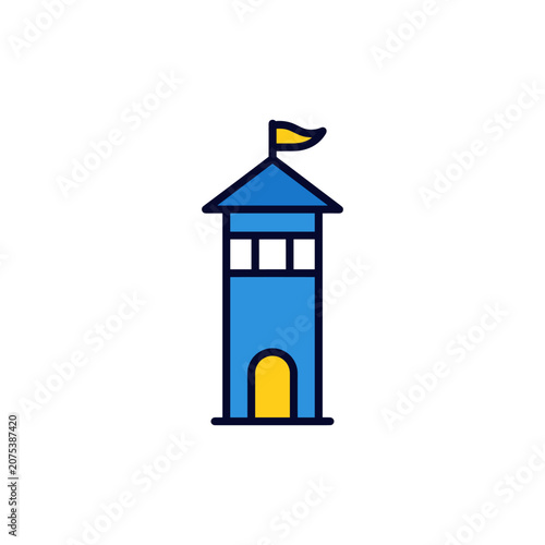 Blue watchtower with yellow flag during daytime in simple flat style isolated on white background