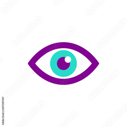 Stylized eye icon with purple outline and turquoise iris during a conceptual observation isolated on white background