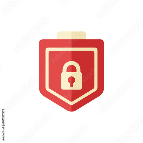 Red shield with a cream lock symbol inside representing security and protectionisolated on white background