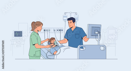Medical Team Cares for Patient in Intensive Care Unit with Ventilator