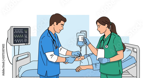 Medical Team Caring for Patient in Hospital Bed with IV Drip and Monitor