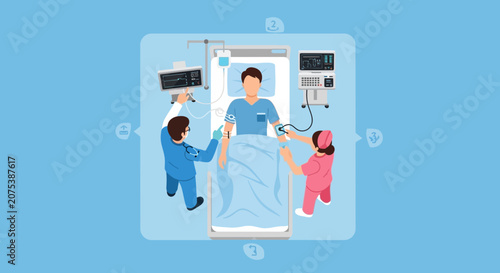 Medical Team Caring for Patient in Hospital Bed with Monitors