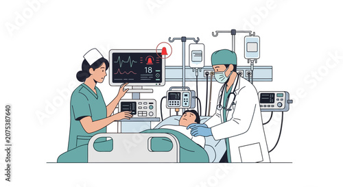 Medical Team Caring for Patient in Intensive Care Unit, Monitoring Vital Signs