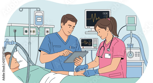 Medical Team Caring for Patient in Hospital Room with Monitors