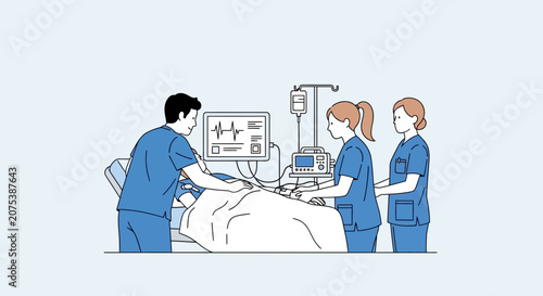 Medical Team Caring for Patient in Hospital Room with Monitoring Equipment