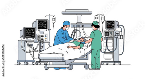 Medical Team Caring for Patient with Ventilator in Intensive Care Unit