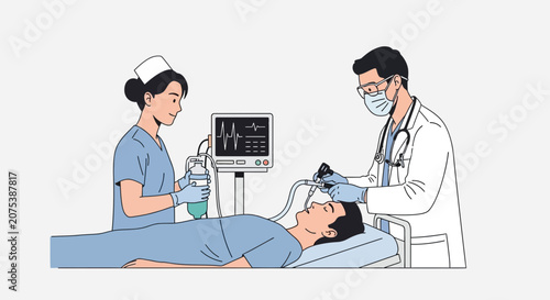 Medical Team With Patient, Doctor Intubating, Nurse Monitoring Vital Signs