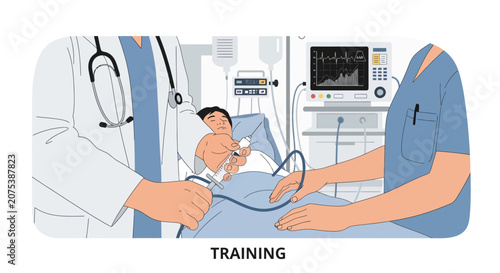 Medical Training: Doctor and Nurse Assist Patient with Ventilation Machine
