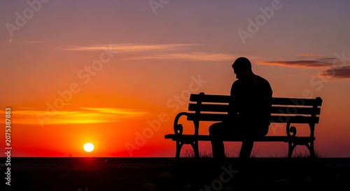 Lonely Silhouetted Person Sitting on Park Bench at Orange Sunset