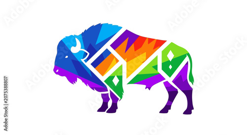 Abstract geometric bison illustration in vibrant multicolored polygonal style.