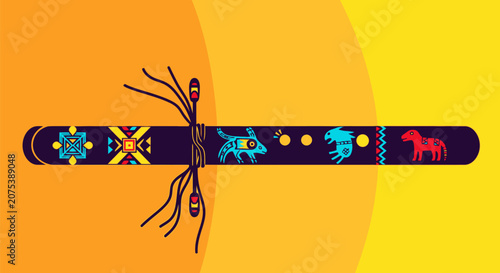 Decorative African Tribal Staff with Colorful Symbolic Animal and Geometric Pattern Engravings.