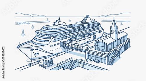 Bild auf Leinwand Large cruise ship docked at a modern passenger terminal building.