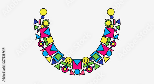 Abstract necklace design made from colorful geometric shapes and vibrant patterns.