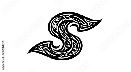 Tribal style letter S tattoo design with intricate patterns.