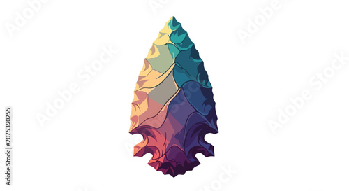Vibrant artistic illustration of a colorful ancient stone arrowhead isolated on white.