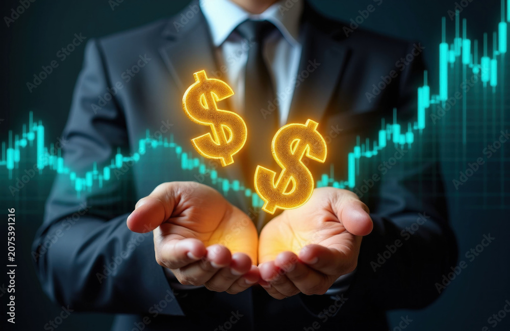 Naklejka premium Man in suit holds glowing dollar signs above open hands. Teal financial market graph shows upward trend. Business growth concept, wealth building, investment strategy, economic forecast.