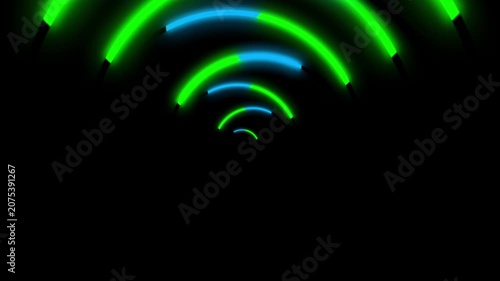 Glowing blue and green neon circular tunnel lines rotating and moving forward endlessly on a black background.