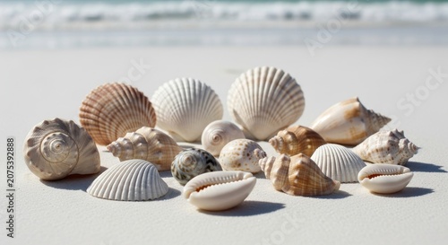 Seashells Gathered on Beach Sand Under Clear Ocean Sky