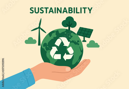 Sustainability, ecology or renewable energy to save the world from climate change or global warming, environmental safe or recycle concept, hand holding sustainable green world with recycle symbol