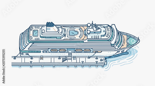 Top view illustration of a large modern cruise ship docked at a pier.
