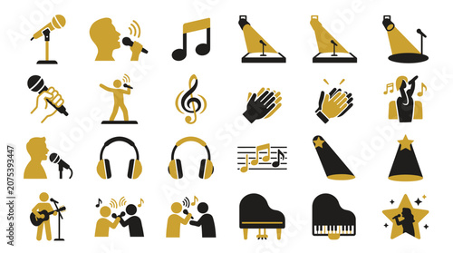 Music Performance Icons: Singing, Instruments, Stage Lights, and Clapping Hands