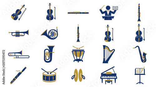 Orchestra Musical Instruments and Conductor Icons Set - Vector Illustration