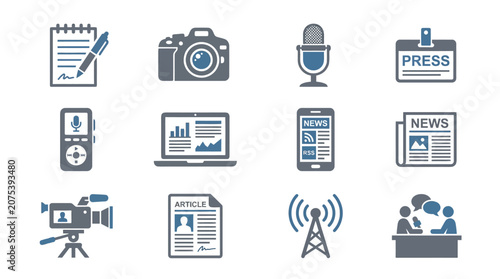 Journalism and Media Icons: Camera, Microphone, Laptop, Phone, Newspaper, Video Camera