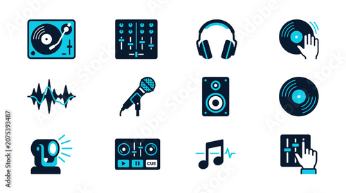 DJ Equipment Icons: Turntable, Mixer, Headphones, Vinyl Records, Microphone, Speaker