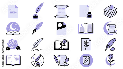 Magical Writing Icons: Feathers, Ink, Scrolls, Books, Moon, Roses