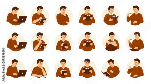 Man's Daily Routine: Working, Reading, Writing, Drinking Coffee - Set of Icons
