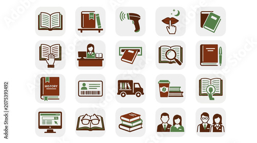 Library Icons Set: Books, Reading, Research, Technology, Service, Education