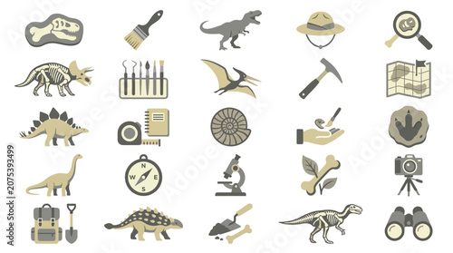 Dinosaur Excavation Icons: Fossils, Tools, Dinosaurs, and Research Equipment