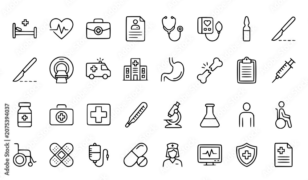 Fototapeta premium Thin Line Healthcare Medical Hospital and Diagnostic Outline Icon Set Vector