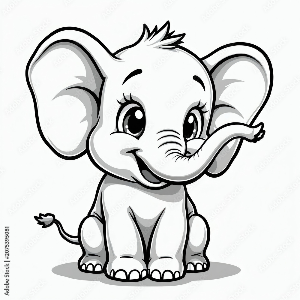 Fototapeta premium Happy baby elephant drawn in black and white cartoon style. This cute animal character sits facing forward with a joyful expression, perfect for coloring pages and kids designs.