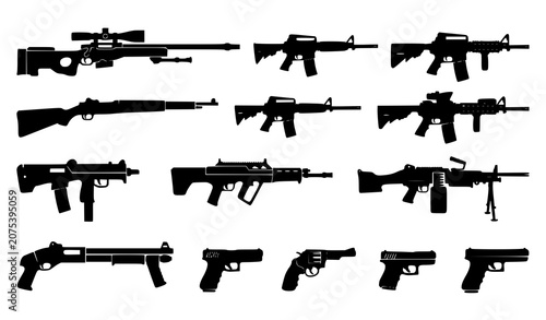 Schilderij op canvas Black Military and Police Weapon Silhouette Vector Set Isolated on White Backgro