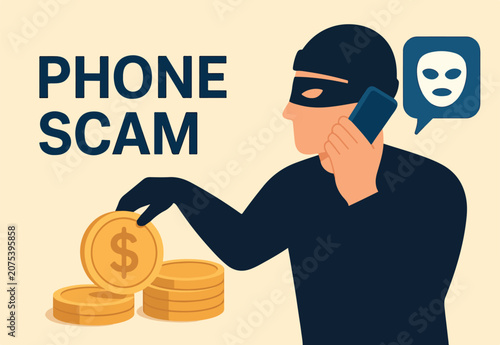 Obraz na płótnie Phone scam, fraud or stealing money crime, cyber online safety hacking, thief wi