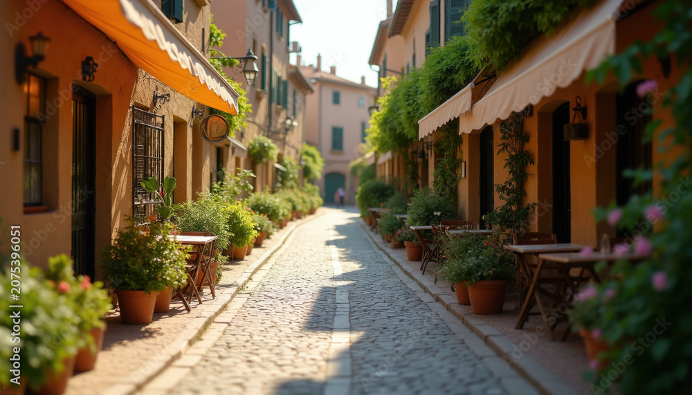 Fototapeta premium Old european cobblestone alleyway with potted plants, cafe tables outside traditional buildings. Sun shines on path, casting shadows. People walk in distance.