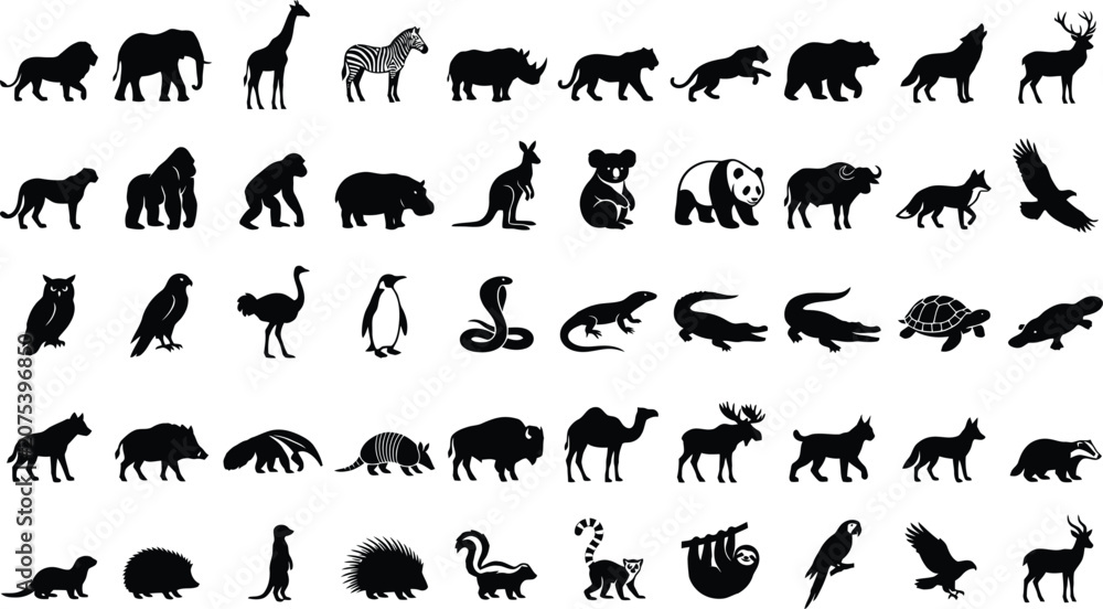 Obraz premium Comprehensive collection of wild animal silhouettes and safari wildlife icons isolated on a white background.