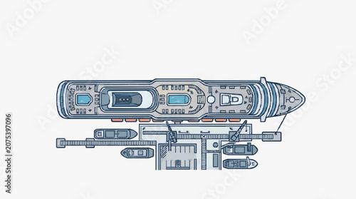 Top view illustration of a large cruise ship docked at a port with tenders.