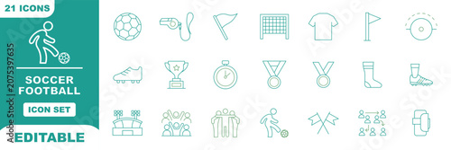 Fotografía Professional soccer and football line icon set featuring ball, goal, jersey, trophy, whistle, and match strategy symbols