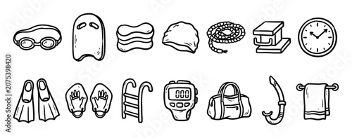 Hand-drawn set of swimming equipment icons including goggles, flippers, a cap, kickboard, and stopwatch in a black and white doodle style illustration for athletic training