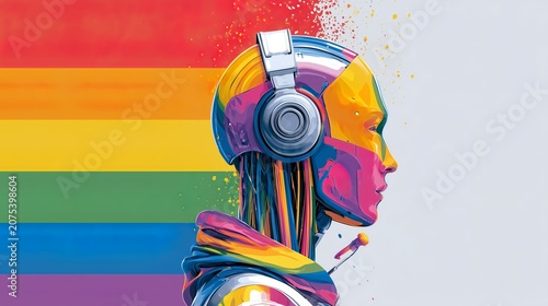 Colorful Futuristic Headphone Robot with Rainbow Background