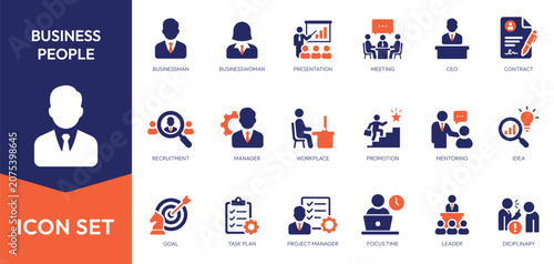Set of business people solid icon. Leadership, team, manager, employee, etc.