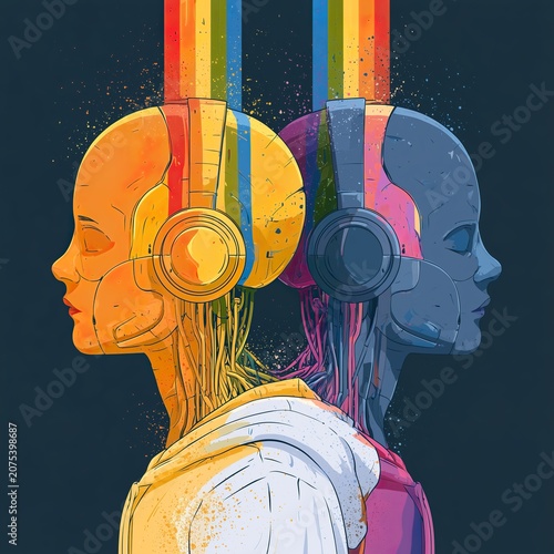 Futuristic Digital Art of Robot Heads with Headphones