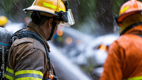 Faceless firefighters working around torn airplane wreckage in a forest crash site, spraying hose streams through smoke and rain to knock down flames and access the damaged
