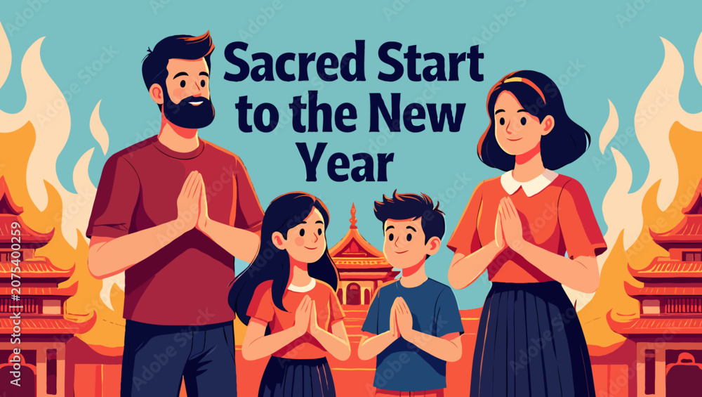 Obraz premium A family is celebrating the sacred start to the new year at the temple